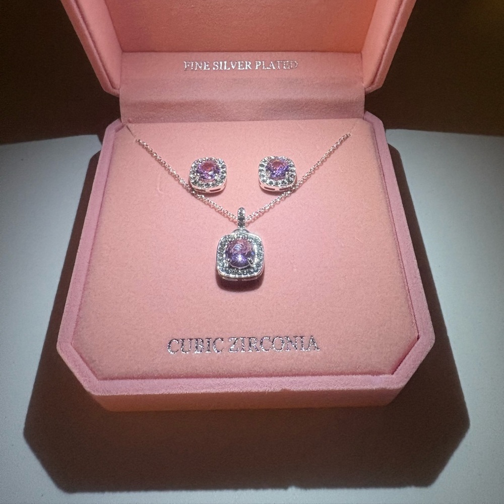 Dane Craft Pink Cubic Zirconia Pendant and Stud Necklace Set. Fine Silver Plated